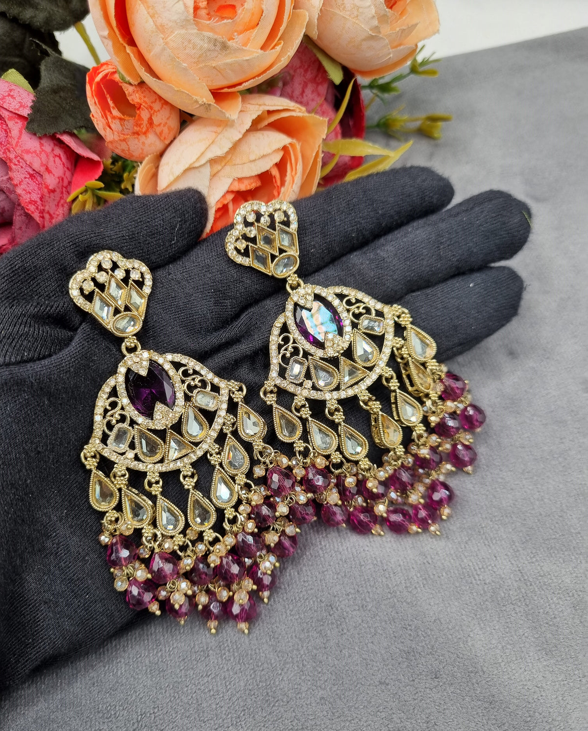 Antique Gold Statement Chandbali Earrings with Crystal Beads