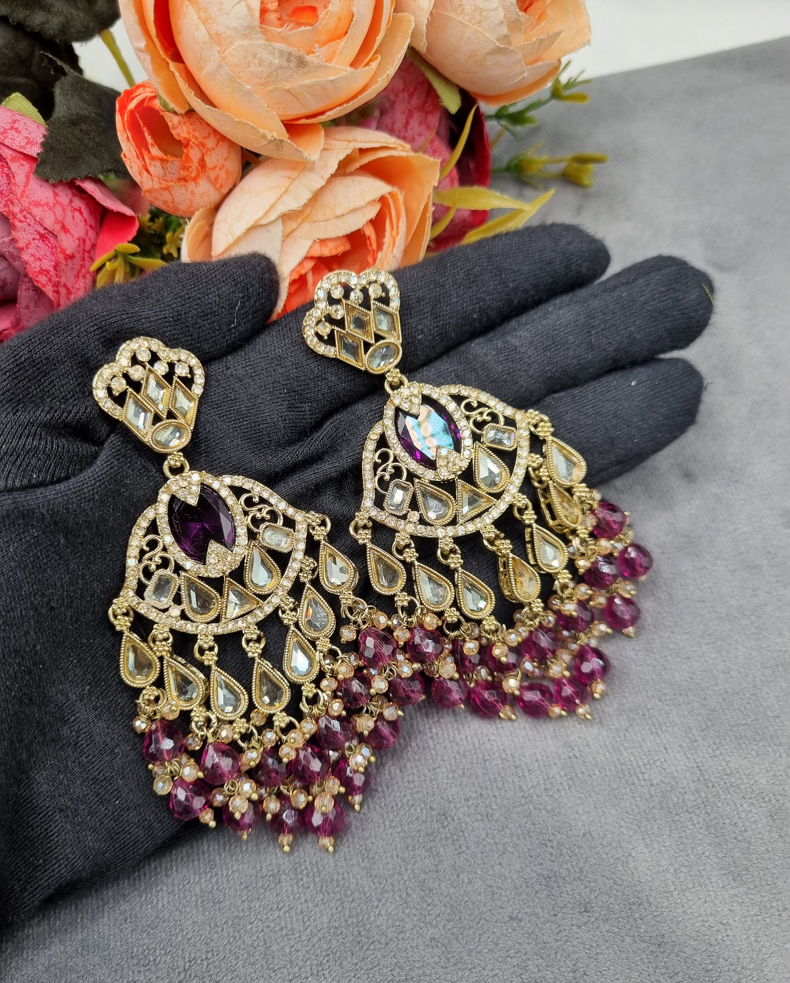 Antique Gold Statement Chandbali Earrings with Crystal Beads