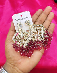 Square Emerald Green Crystal  Kundan Drop Earrings Gold Plated Jali Work Dangles