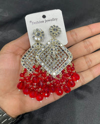 Square Emerald Green Crystal  Kundan Drop Earrings Gold Plated Jali Work Dangles