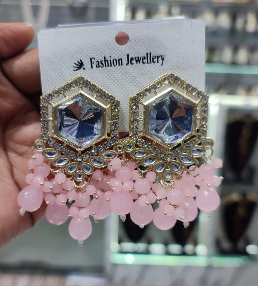 Traditional Hexagon Kundan Earrings Gold Plated Earrings for Woman Dangles