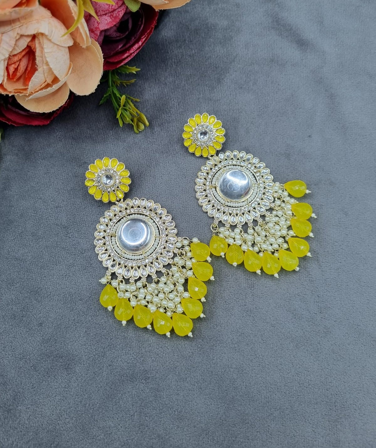 Floral Mirror Drop Statement Earrings