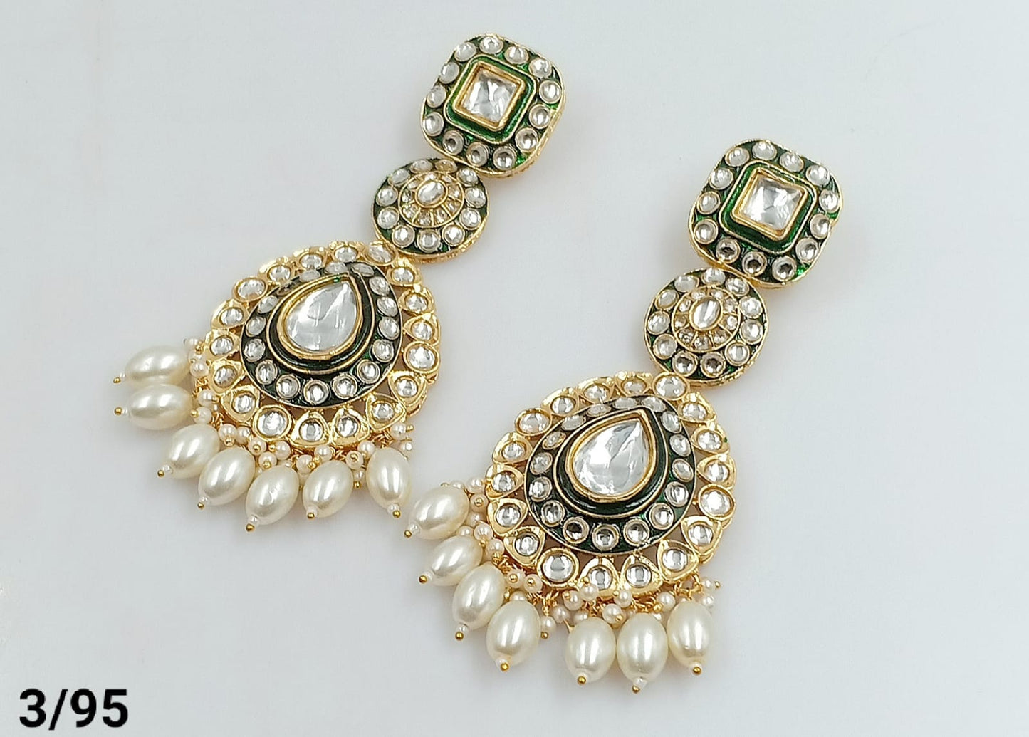 Gold-Finish Kundan Dangles with Emerald Green Enamel Accents