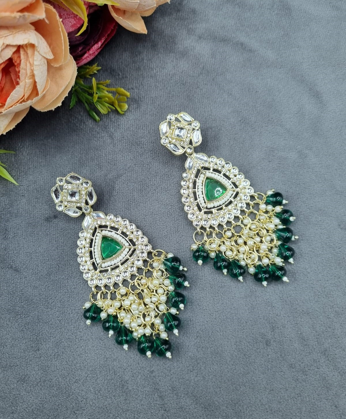 Geometric Stud Drop Earrings with Pearl and Bead Fringe