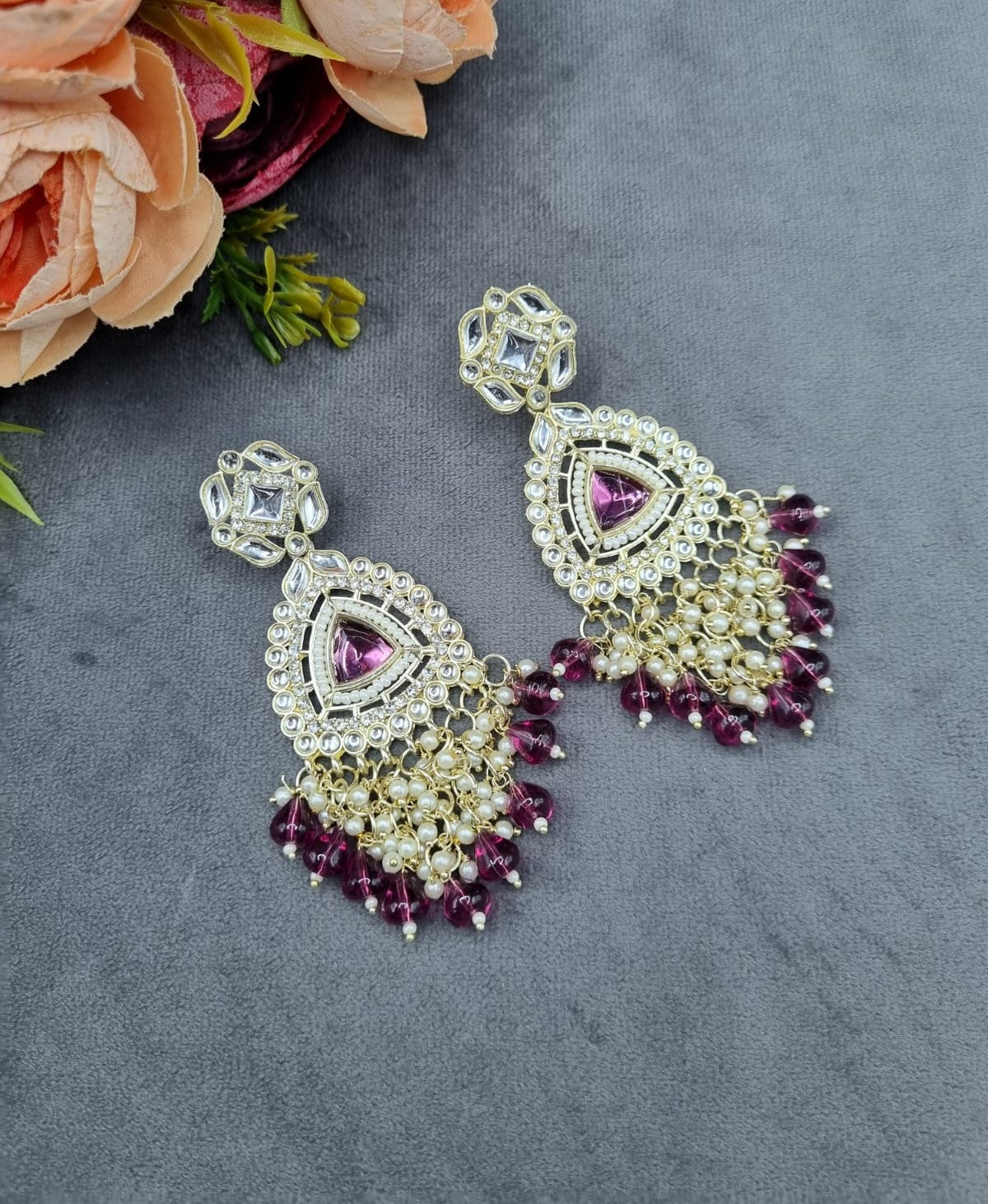 Geometric Stud Drop Earrings with Pearl and Bead Fringe