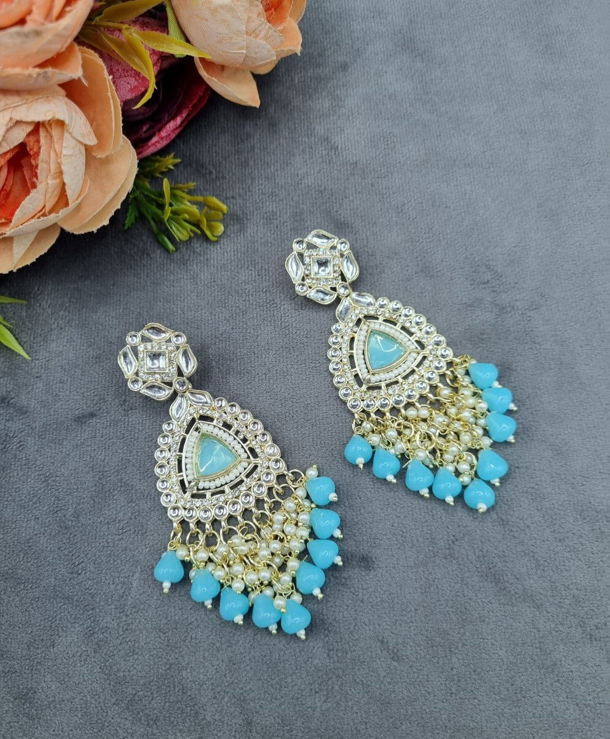 Geometric Stud Drop Earrings with Pearl and Bead Fringe
