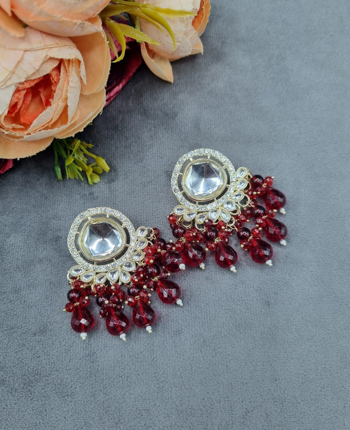 Circular Mirror Stud Earrings with Faceted Crystal Fringe