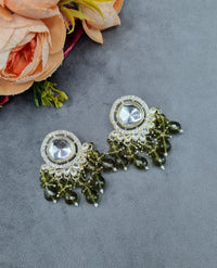 Circular Mirror Stud Earrings with Faceted Crystal Fringe