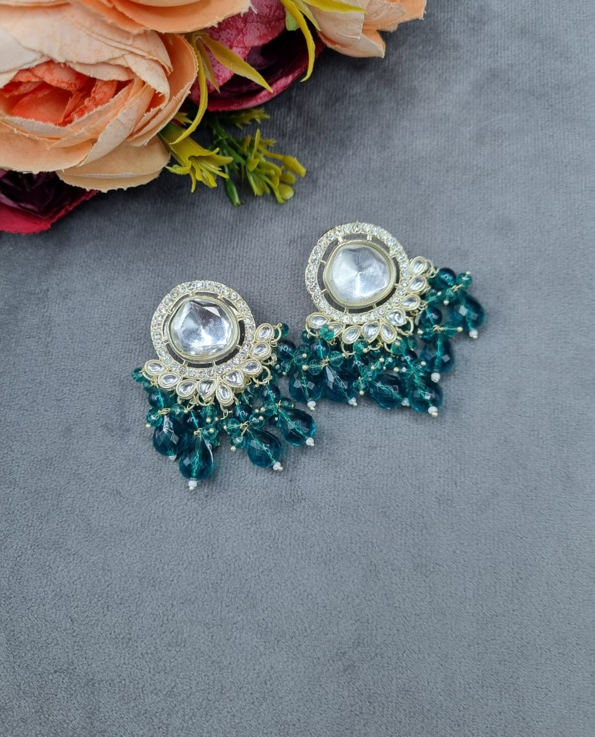 Circular Mirror Stud Earrings with Faceted Crystal Fringe