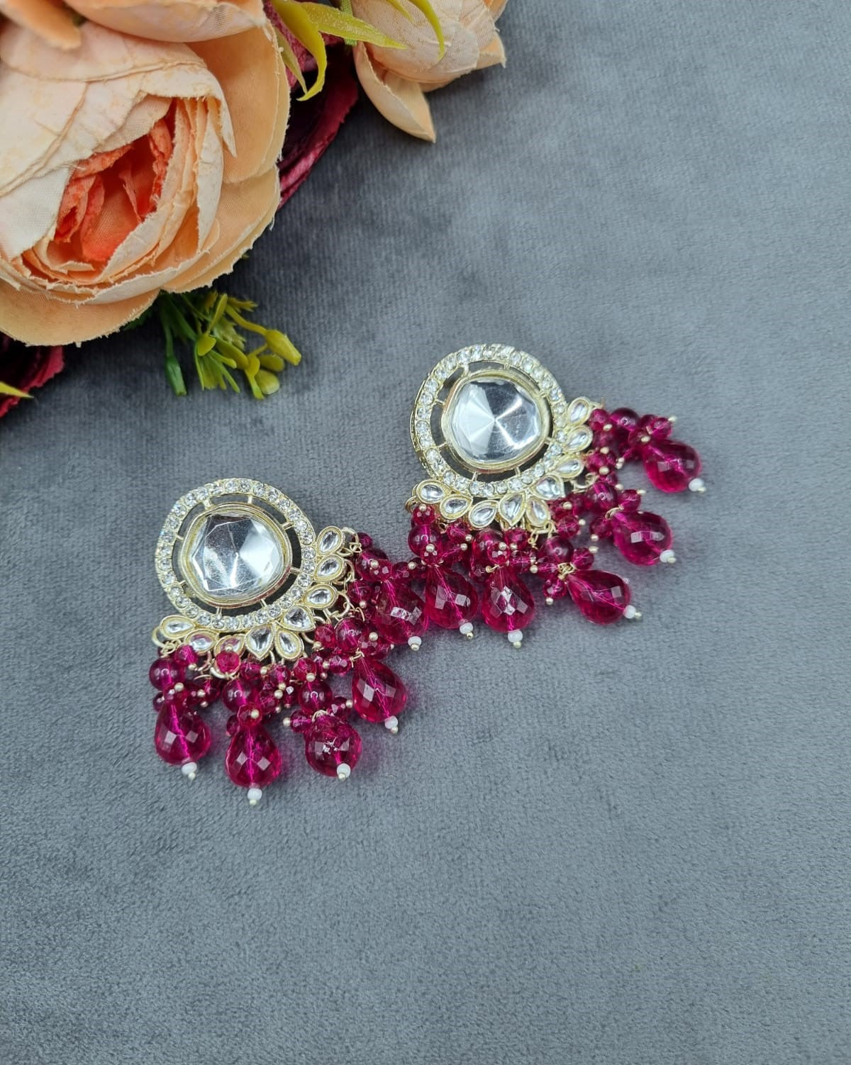 Circular Mirror Stud Earrings with Faceted Crystal Fringe