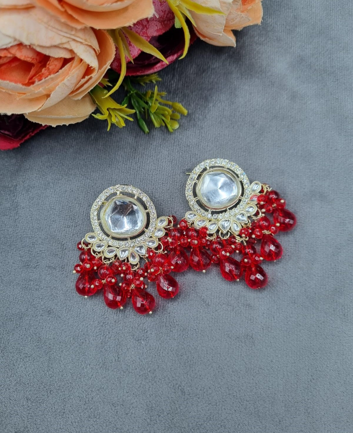 Circular Mirror Stud Earrings with Faceted Crystal Fringe