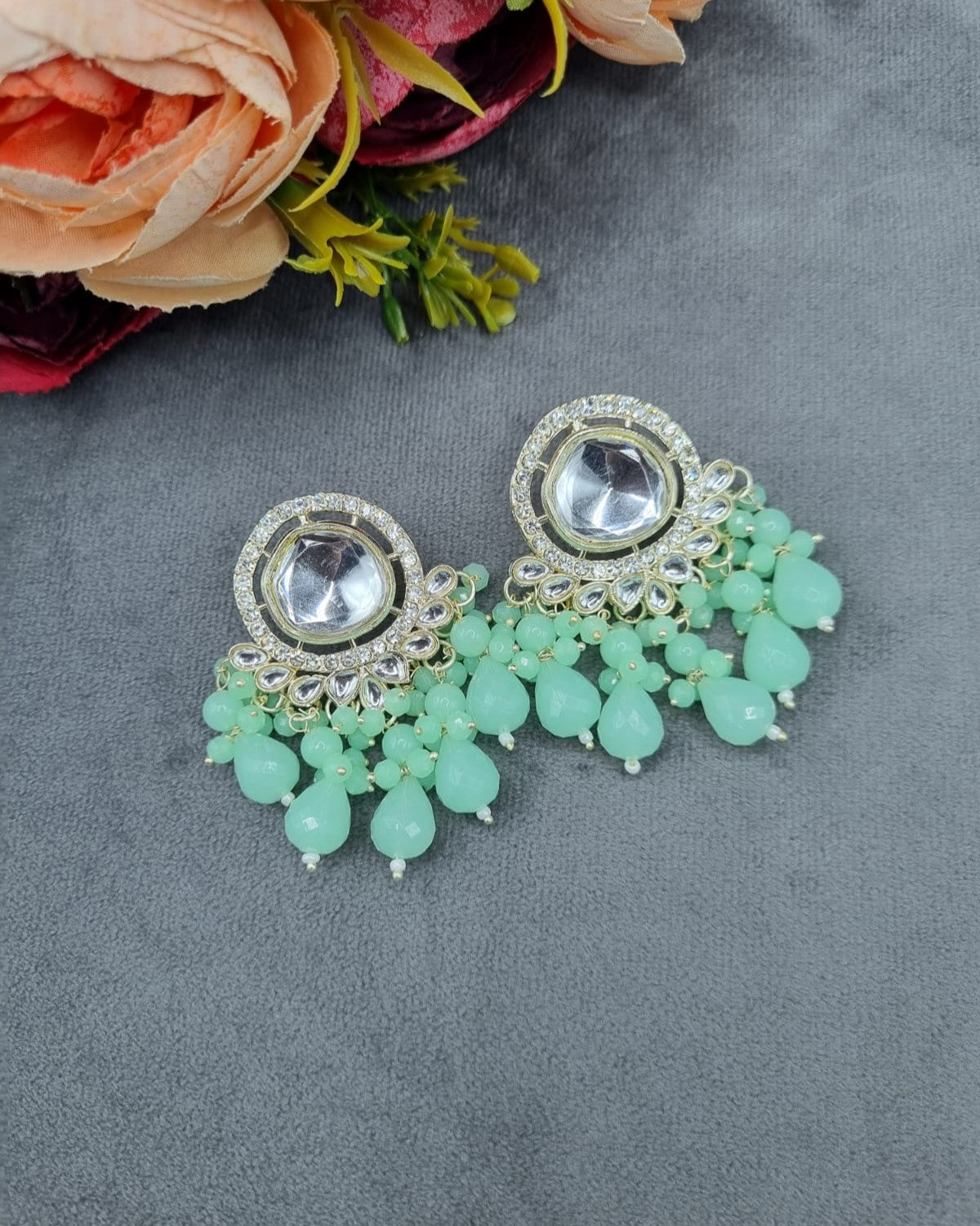 Circular Mirror Stud Earrings with Faceted Crystal Fringe
