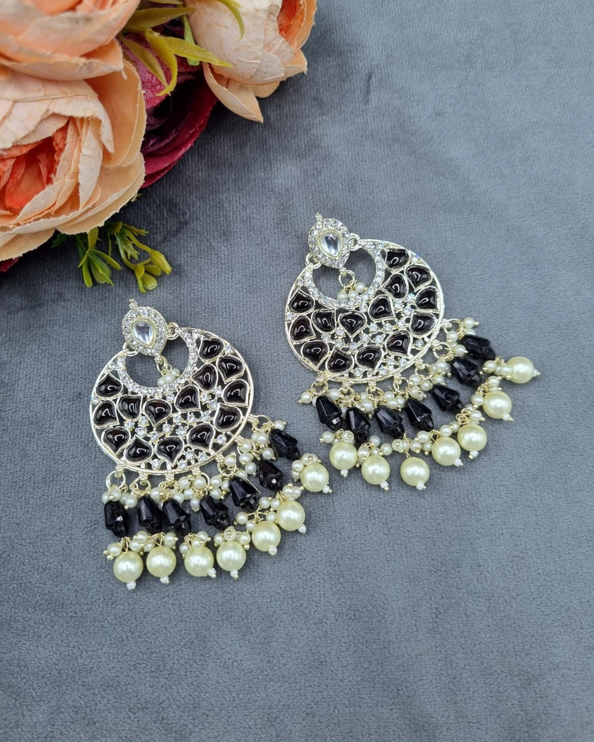 Handcrafted Chandbali Earrings with Faux Pearl & Bead Drops