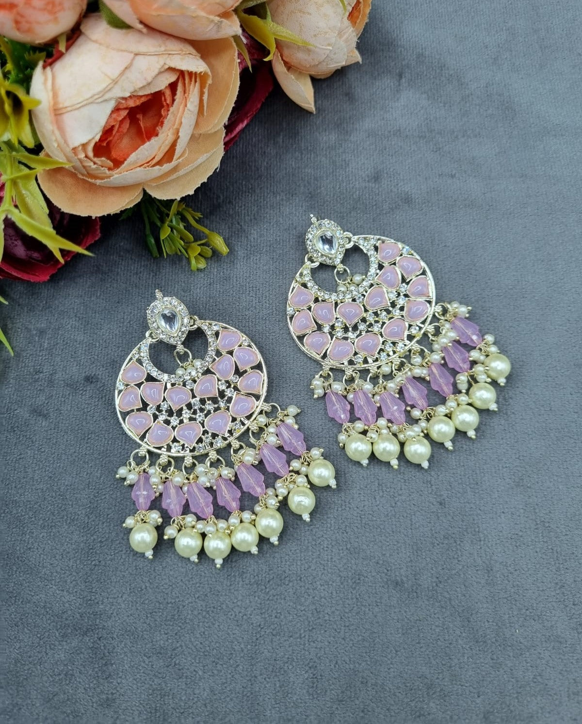 Handcrafted Chandbali Earrings with Faux Pearl & Bead Drops