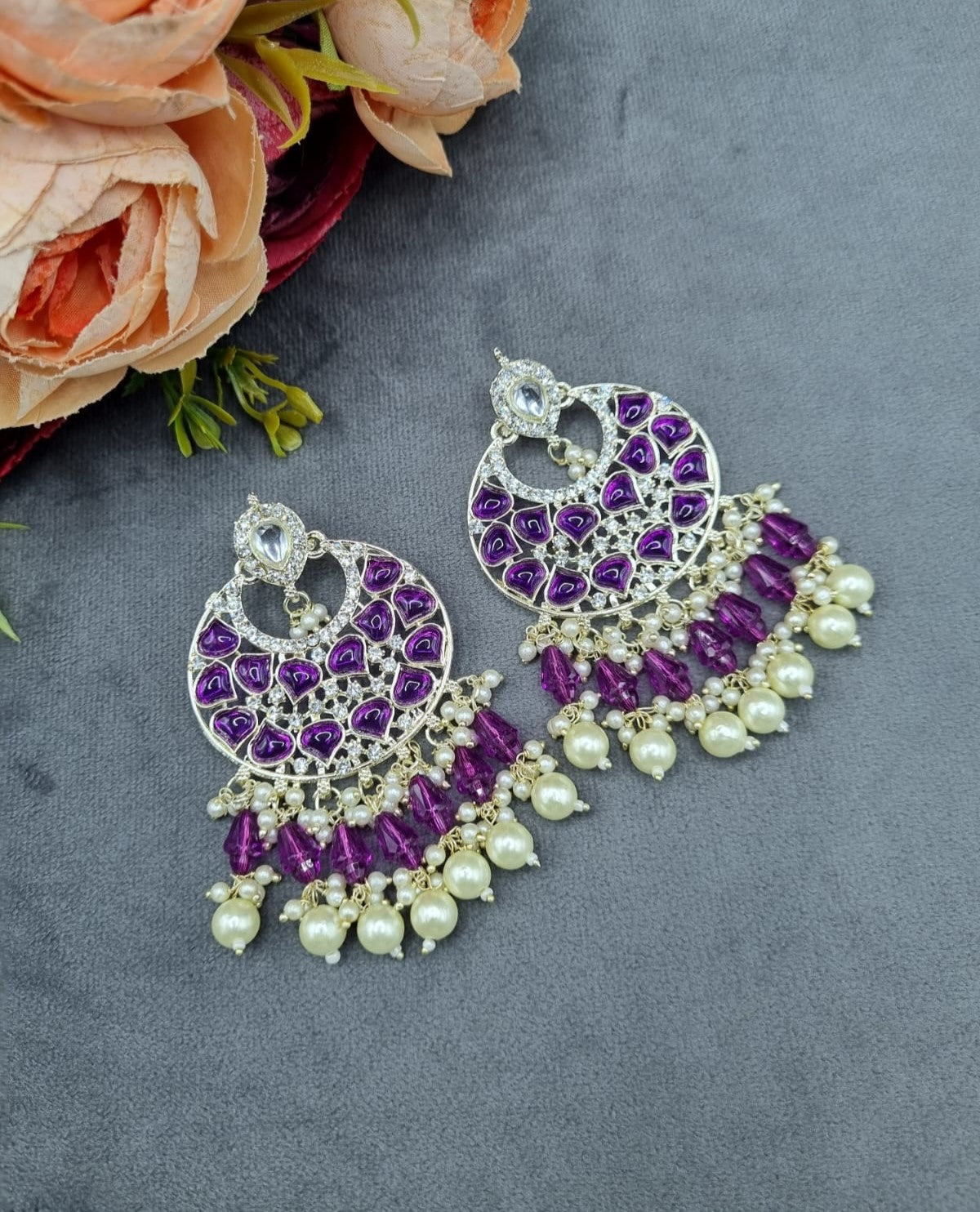 Handcrafted Chandbali Earrings with Faux Pearl & Bead Drops