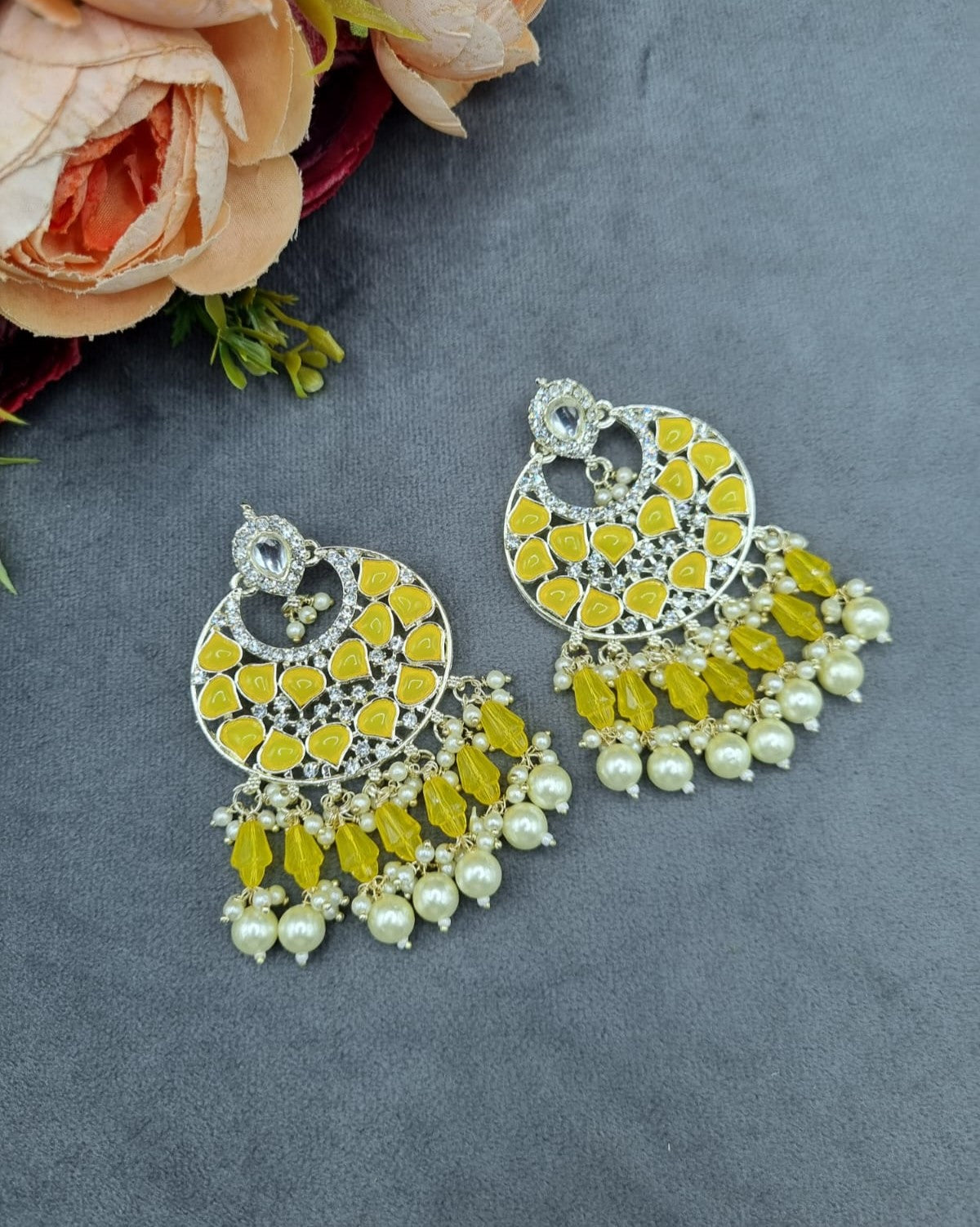 Handcrafted Chandbali Earrings with Faux Pearl & Bead Drops