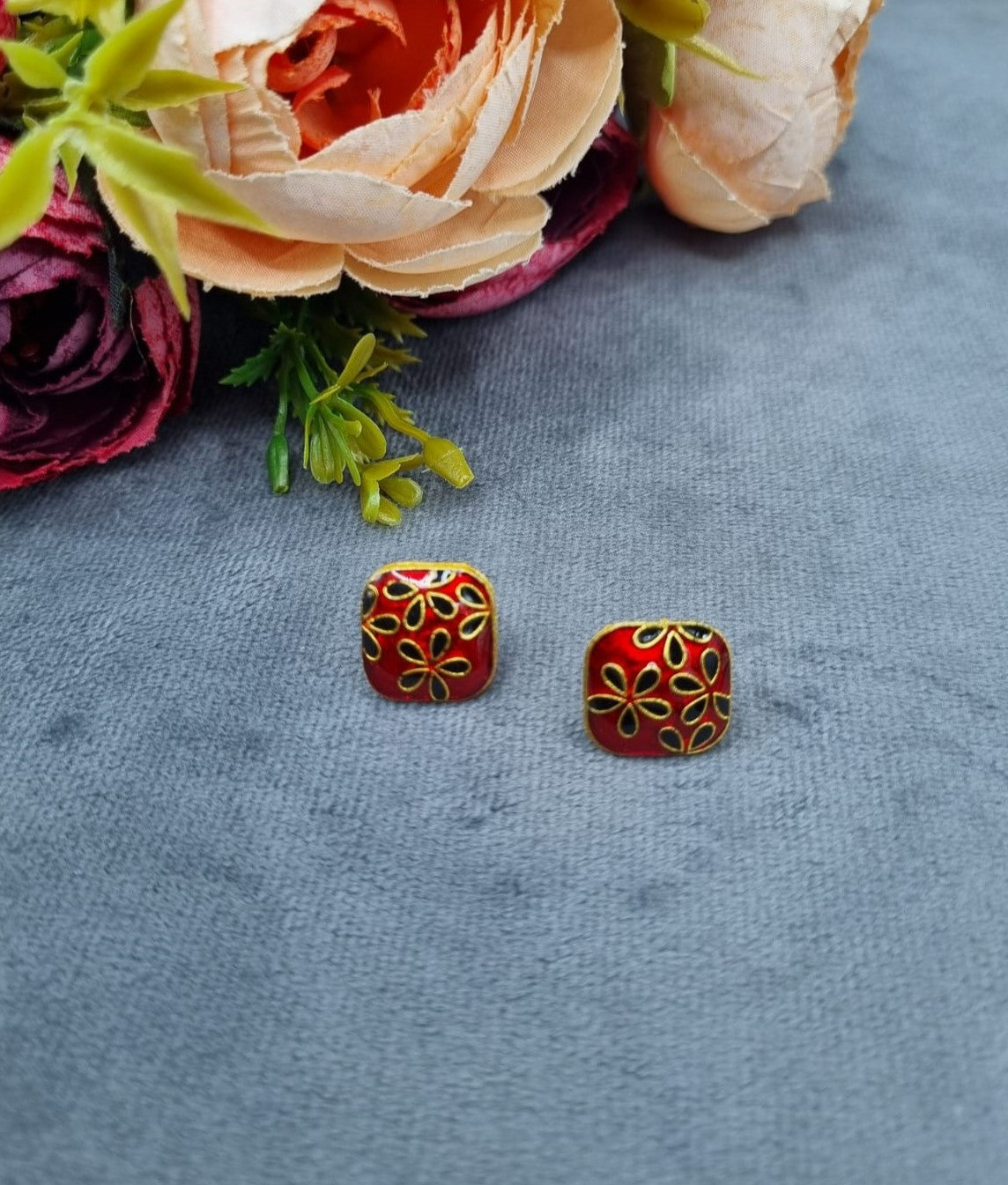 Artisan Handcrafted Floral Square Stud Earrings