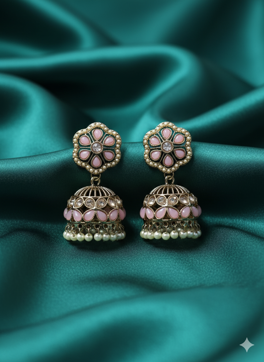 Antique Gold Ethnic Jhumki with Pearl Bead Fringe