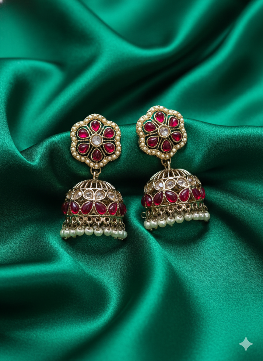 Antique Gold Ethnic Jhumki with Pearl Bead Fringe