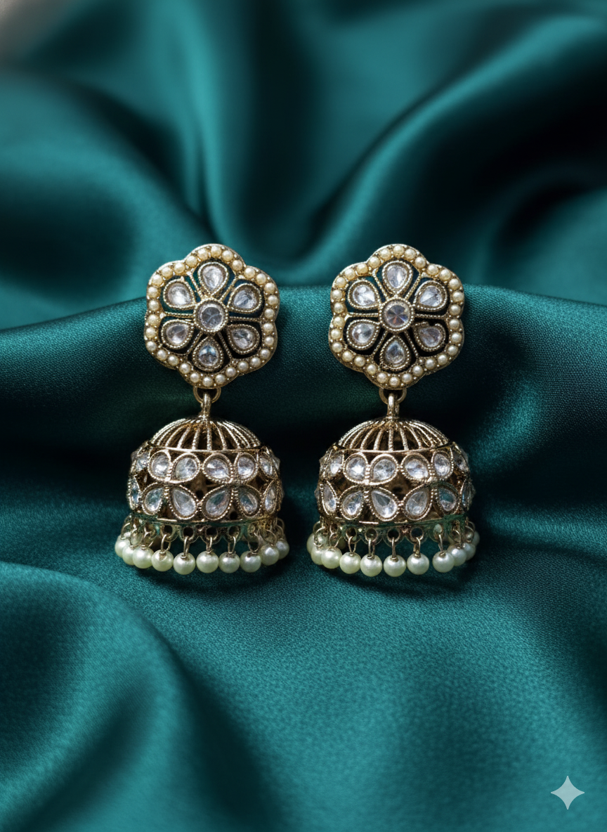 Antique Gold Ethnic Jhumki with Pearl Bead Fringe