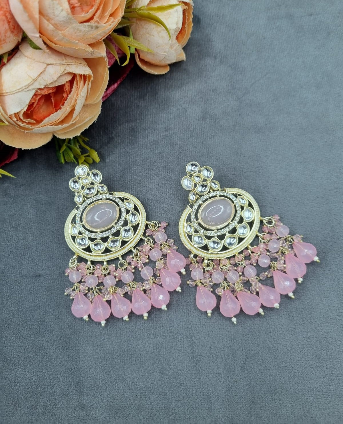 Statement Chandbali Dangle Earrings with Crystal Accents & Faceted Bead Drops