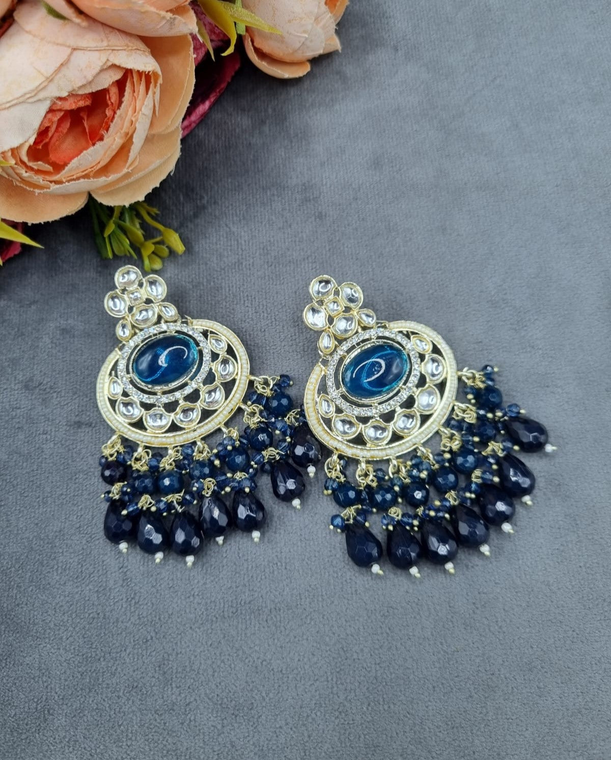Statement Chandbali Dangle Earrings with Crystal Accents & Faceted Bead Drops