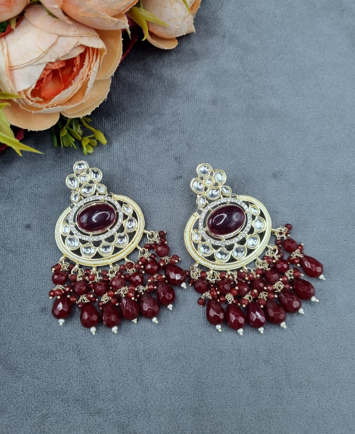Statement Chandbali Dangle Earrings with Crystal Accents & Faceted Bead Drops