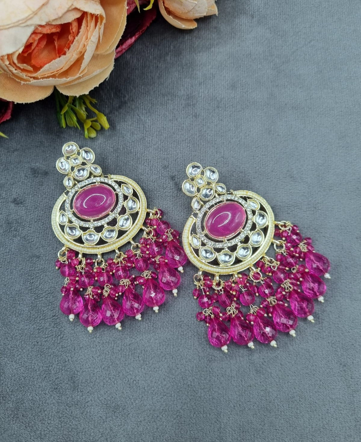 Statement Chandbali Dangle Earrings with Crystal Accents & Faceted Bead Drops