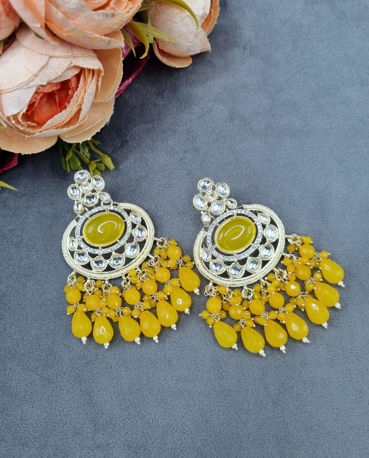 Statement Chandbali Dangle Earrings with Crystal Accents & Faceted Bead Drops