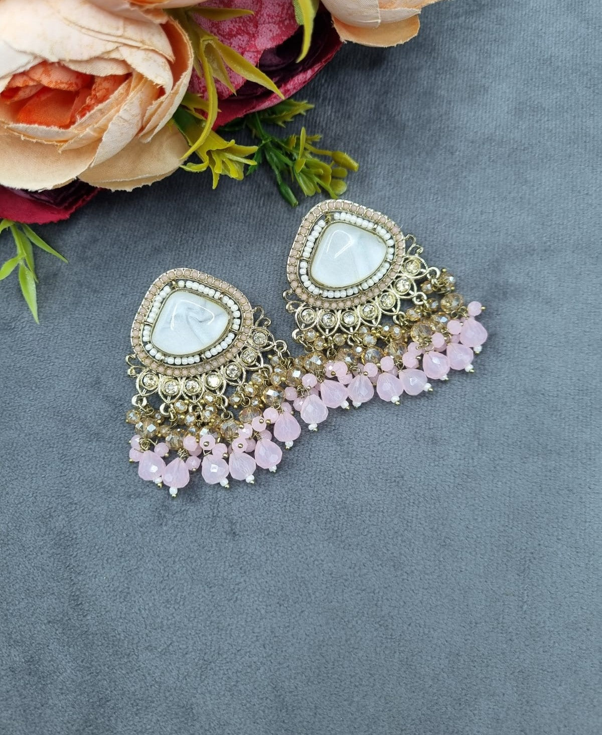 Elegant Textured Stone Ethnic Stud Earrings with Dangler Beads