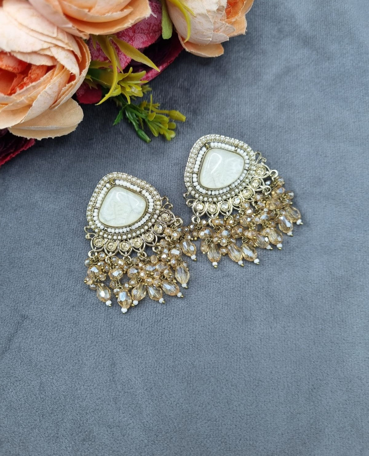 Elegant Textured Stone Ethnic Stud Earrings with Dangler Beads
