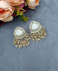 Elegant Textured Stone Ethnic Stud Earrings with Dangler Beads