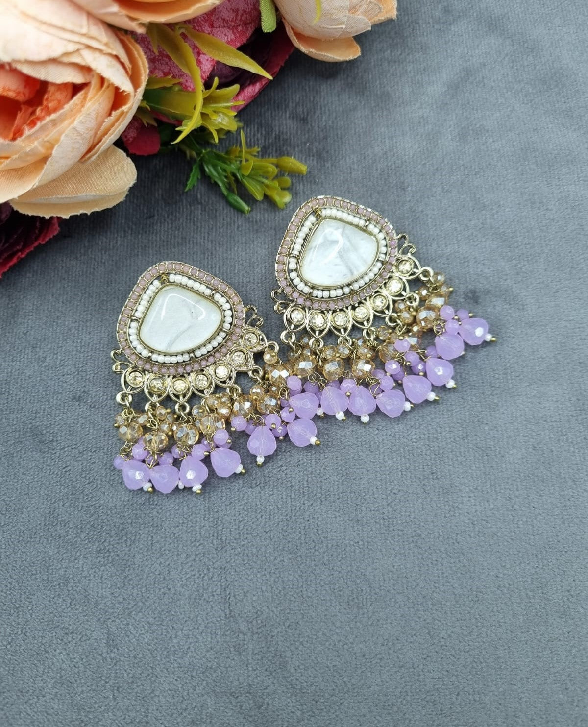 Elegant Textured Stone Ethnic Stud Earrings with Dangler Beads