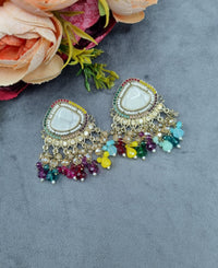 Elegant Textured Stone Ethnic Stud Earrings with Dangler Beads