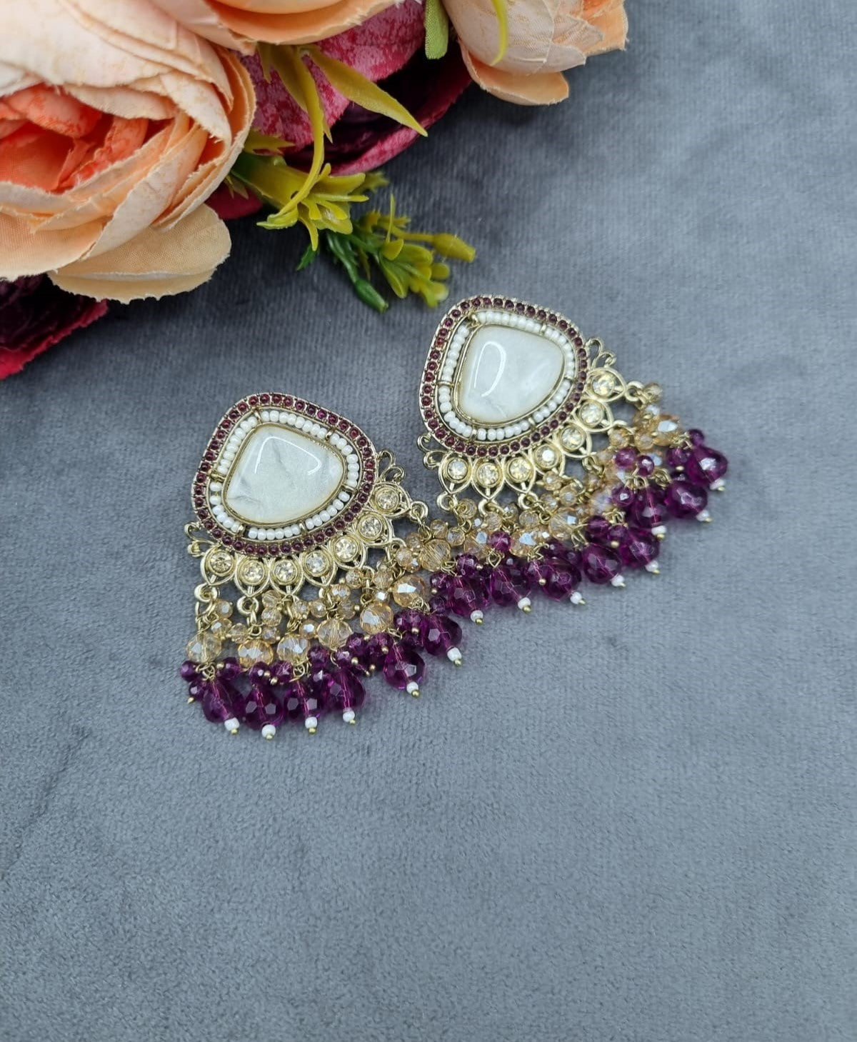 Elegant Textured Stone Ethnic Stud Earrings with Dangler Beads
