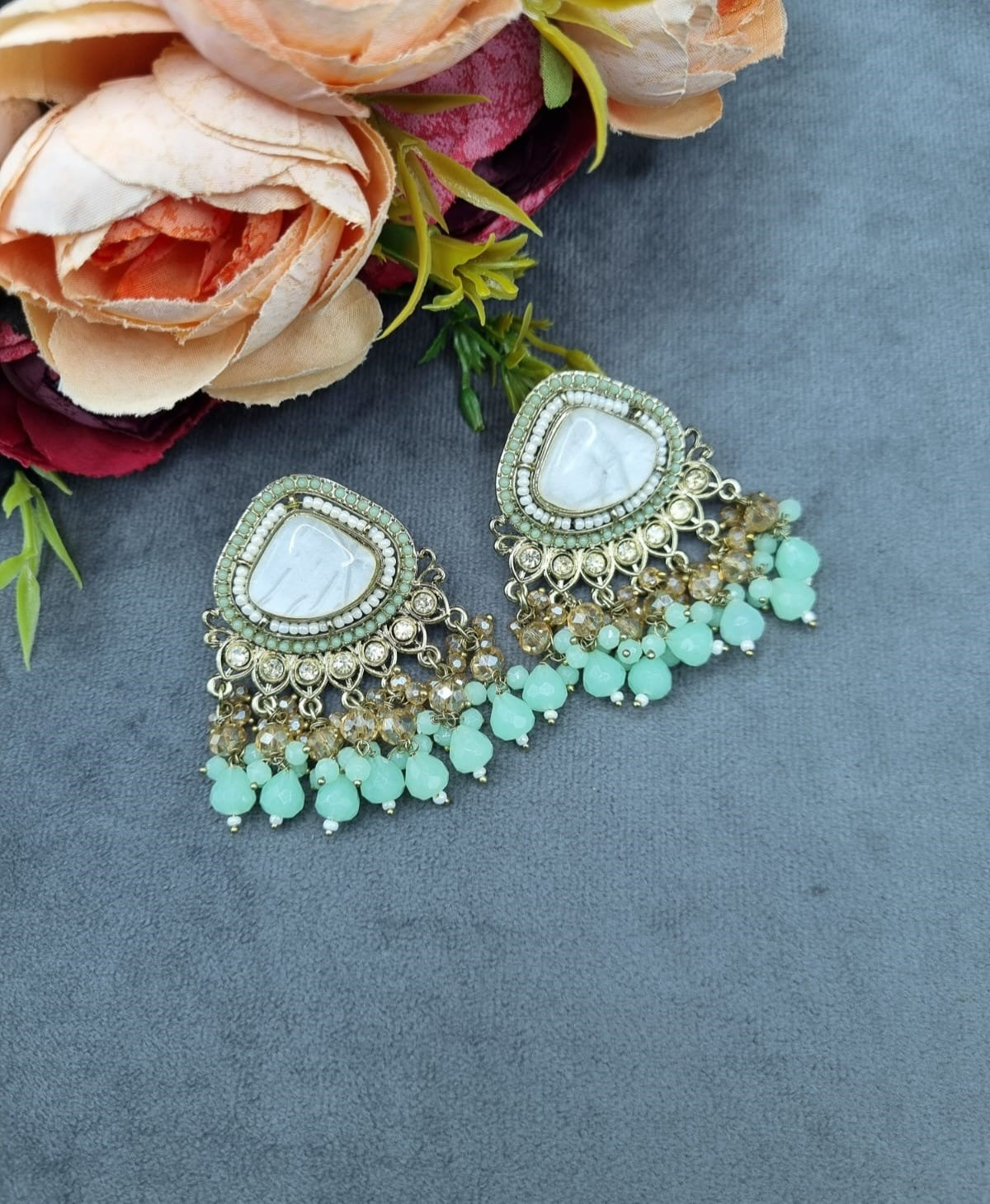Elegant Textured Stone Ethnic Stud Earrings with Dangler Beads