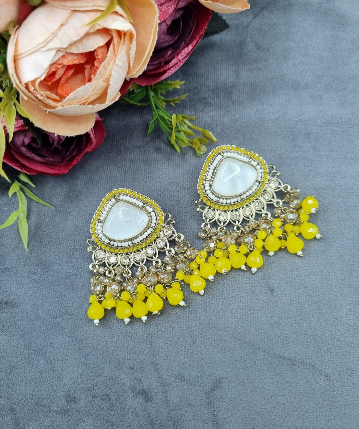 Elegant Textured Stone Ethnic Stud Earrings with Dangler Beads