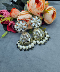 Floral Mirror Work Jhumka Earrings with Pearl Drops