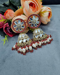 Floral Mirror Work Jhumka Earrings with Pearl Drops