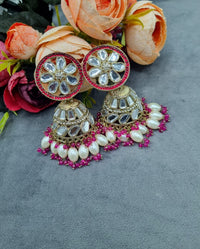 Floral Mirror Work Jhumka Earrings with Pearl Drops