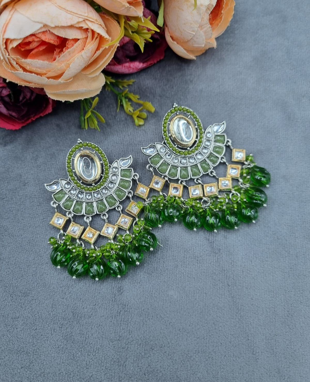 Crescent Mirror Work Chandbali Drop Earrings with Beaded Tassels