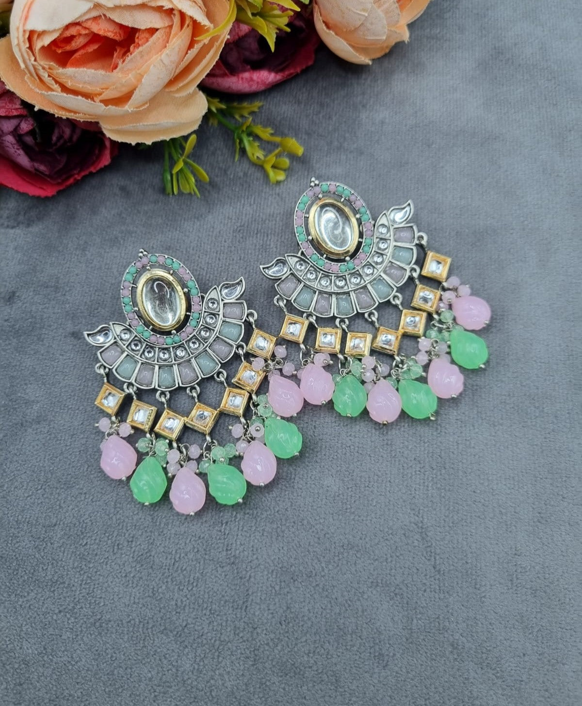 Crescent Mirror Work Chandbali Drop Earrings with Beaded Tassels