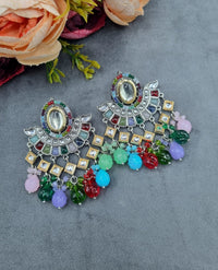Crescent Mirror Work Chandbali Drop Earrings with Beaded Tassels