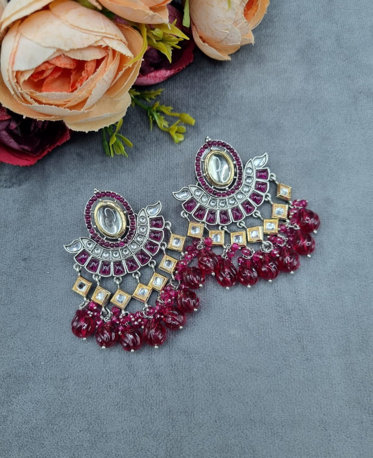 Crescent Mirror Work Chandbali Drop Earrings with Beaded Tassels