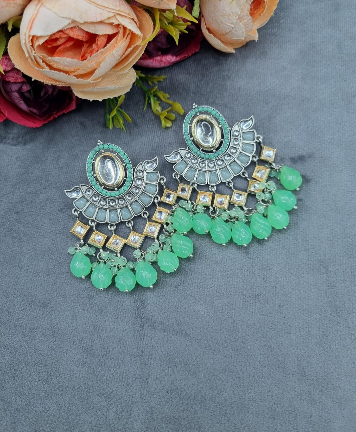 Crescent Mirror Work Chandbali Drop Earrings with Beaded Tassels