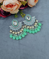 Crescent Mirror Work Chandbali Drop Earrings with Beaded Tassels