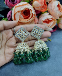 Geometric Floral Mirror Work Jhumka Earrings with Beaded Drops
