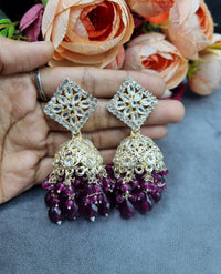 Geometric Floral Mirror Work Jhumka Earrings with Beaded Drops
