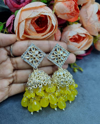 Geometric Floral Mirror Work Jhumka Earrings with Beaded Drops