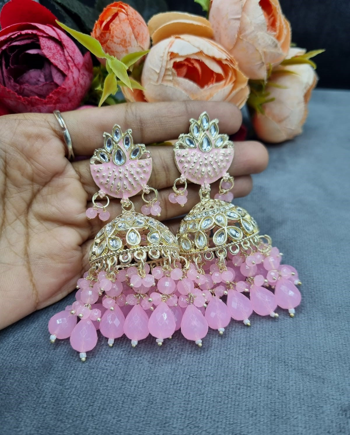 Handcrafted Meenakari Dome Jhumki Earrings with Crystal & Beaded Drop Accents